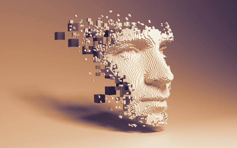Abstract digital human face. Artificial intelligence concept of deconstructed face