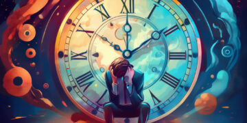 person sad in front of large clock