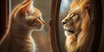 housecat looks in the mirror and sees lion as reflection