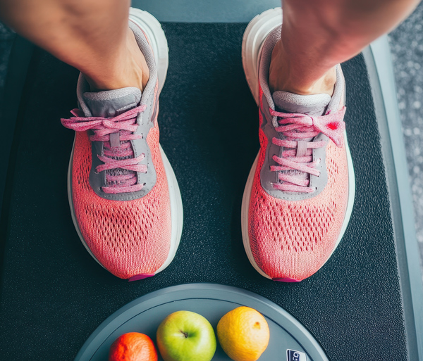 sneakered feet pointed at a healthy plate