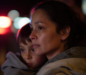 mother holding young son during an ICE raid