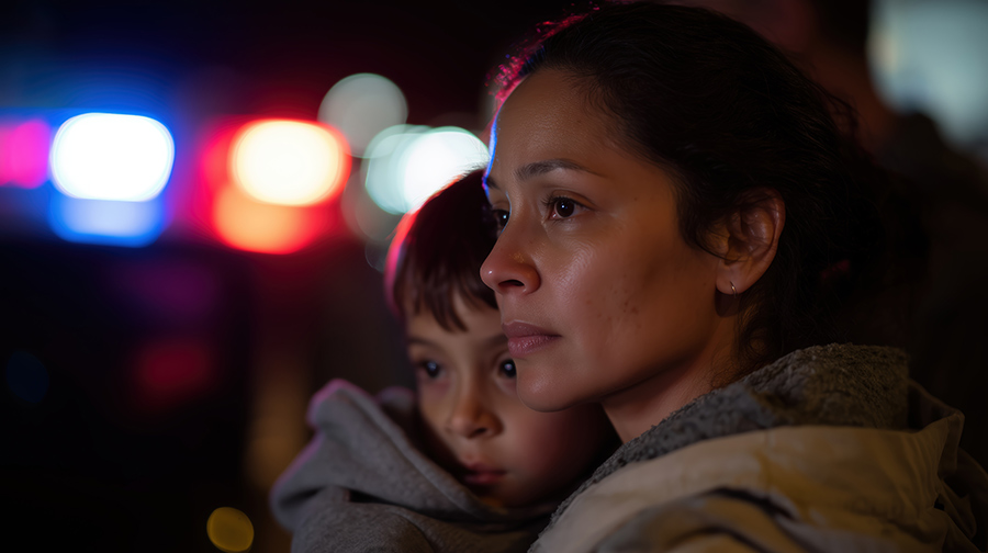 mother holding young son during an ICE raid
