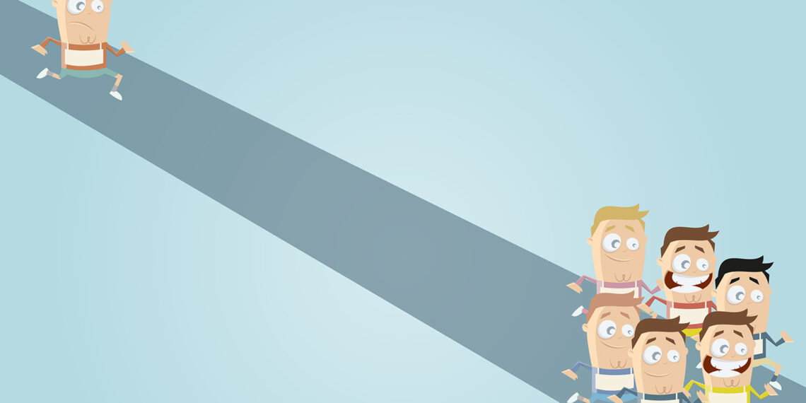 one runner lagging behind a group of runners