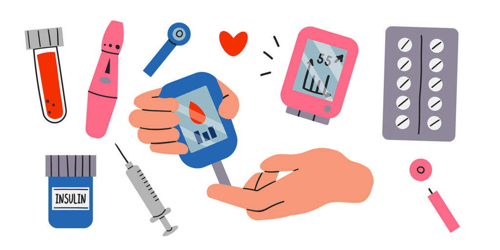 illustration of different devices in a diabetes kit