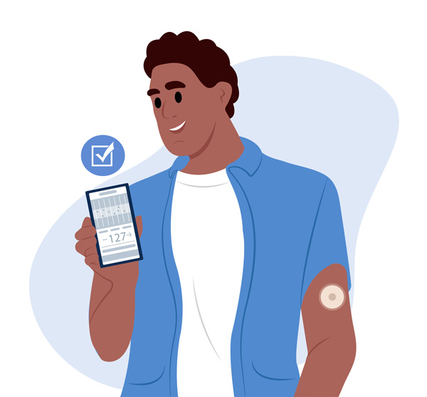 young man holding his glucose monitor with a good number and a vagile cgm on his arm