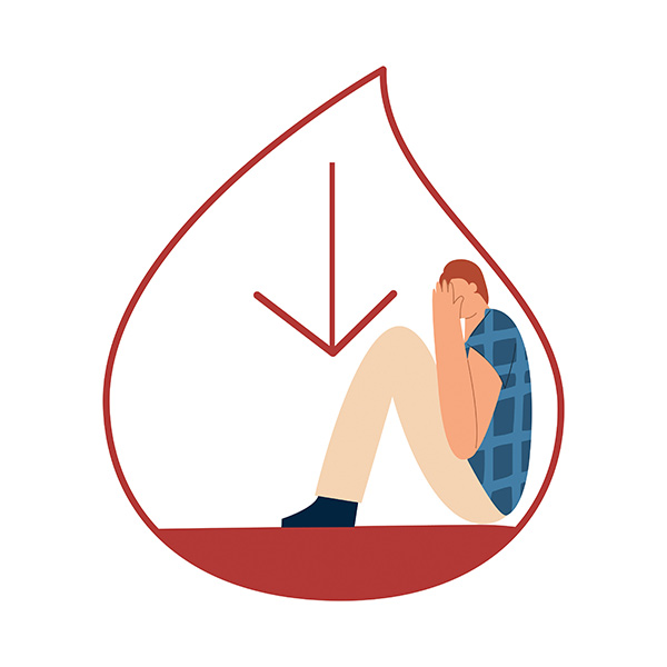 person with face in hands sitting inside a mostly empty blood droplet with a down arrow